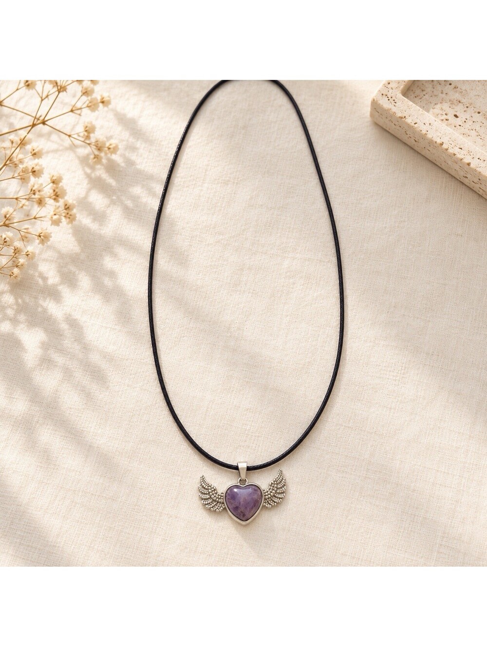 Purple Tone Winged Heart Pendant Necklace Black Cord 23” Silver Tone